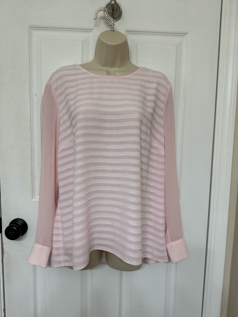 Vince Camuto Blush Pink Sheer Stripe Blouse L Lightweight Dressy Top - Picture 2 of 11